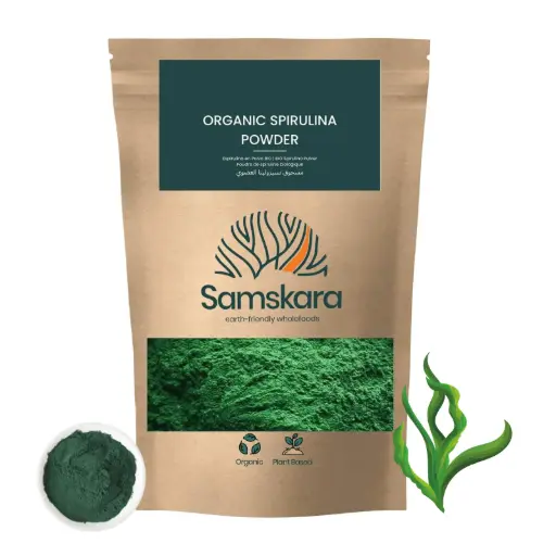 SPIRULINA POWDER PLUS | Organic BIO | Enhanced for Digestive Health & Nutrient Absorption + 58% Protein + 6% Leucine + High in Chlorophyll + For Smoothies, Yogurt, Flours, Soups + Samskara Superfoods