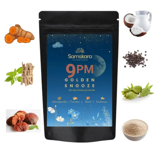 9 P.M GOLDEN SNOOZE GEL | Golden Milk Turmeric Powder + Reishi + Psyllium+ Ashwagandha+ Coconut & More + For Deep Sleep & Digestive Balance with Fiber + Adaptogens + Expert Blend