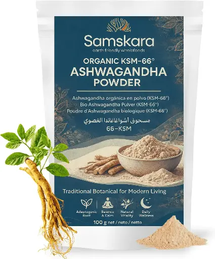 [SAM-ASHWAGANDHA-POWDER-KSM] ASHWAGANDHA POWDER KSM-66 | ORGANIC BIO | Adaptogen | Full-Spectrum Root Extract · Solvent-Free · Warm Milk · Tea 